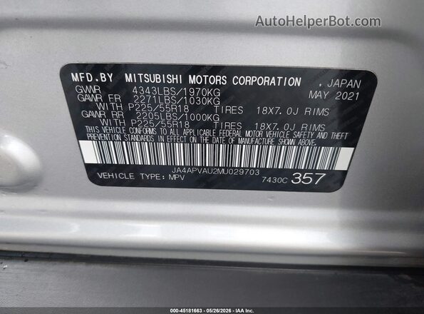 JA4APVAU2MU029703 2021 MITSUBISHI OUTLANDER SPORT Silver 