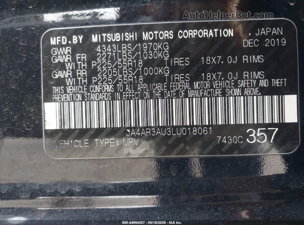 JA4AR3AU3LU018061 2020 MITSUBISHI OUTLANDER SPORT Black ძრავის განყოფილების ხედი