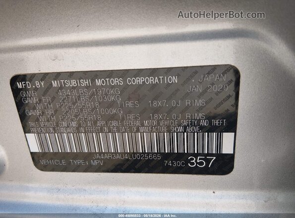 JA4AR3AU4LU025665 2020 MITSUBISHI OUTLANDER SPORT Silver Vista del compartimento del motor