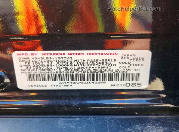 JA4AR3AW9GZ042259 2016 MITSUBISHI OUTLANDER Black 