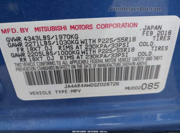 JA4AR4AW2GZ028726 2016 MITSUBISHI OUTLANDER SPORT Blue Engine compartment view