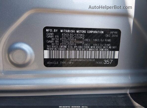 JA4AR4AW3HZ028638 2017 MITSUBISHI OUTLANDER SPORT Silver Вид підкапотного простору