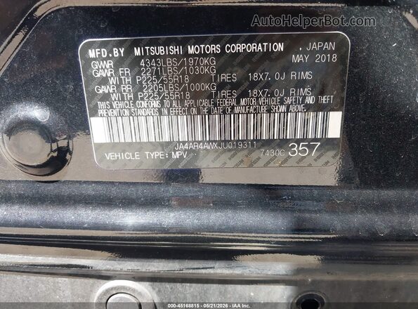 JA4AR4AWXJU019311 2018 MITSUBISHI OUTLANDER SPORT Black 