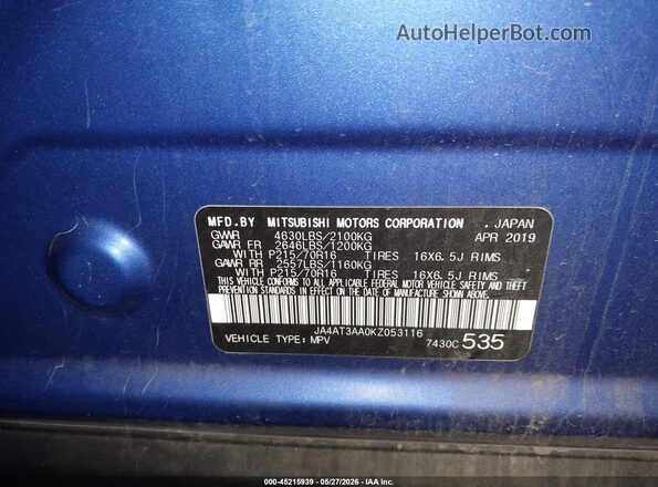 JA4AT3AA0KZ053116 2019 MITSUBISHI ECLIPSE CROSS Blue Շարժիչի բաժամունքի տեսք