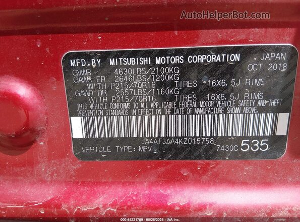 JA4AT3AA4KZ015758 2019 MITSUBISHI ECLIPSE CROSS Red Շարժիչի բաժամունքի տեսք