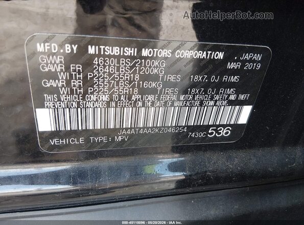 JA4AT4AA2KZ046254 2019 MITSUBISHI ECLIPSE CROSS Black Engine compartment view