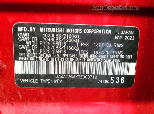 JA4ATWAAXRZ000712 2024 MITSUBISHI ECLIPSE Red Widok naklejki z numerem VIN