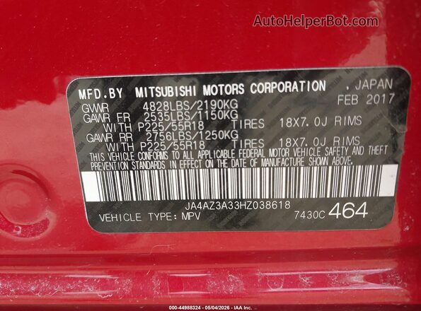 JA4AZ3A33HZ038618 2017 MITSUBISHI OUTLANDER Red 