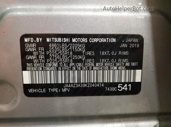 JA4AZ3A39KZ040414 2019 MITSUBISHI OUTLANDER Silver 