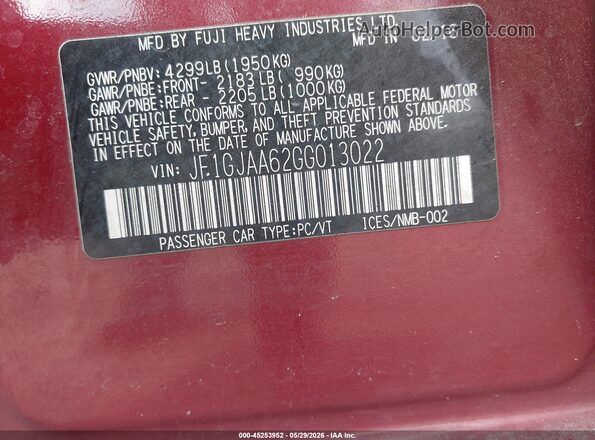 JF1GJAA62GG013022 2016 SUBARU IMPREZA Burgundy 