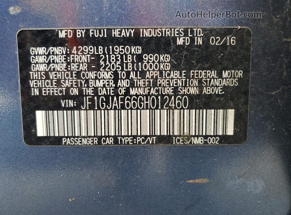 JF1GJAF66GH012460 2016 SUBARU IMPREZA Blue Вид підкапотного простору