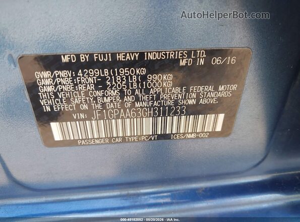 JF1GPAA63GH311233 2016 SUBARU IMPREZA Blue Вид підкапотного простору