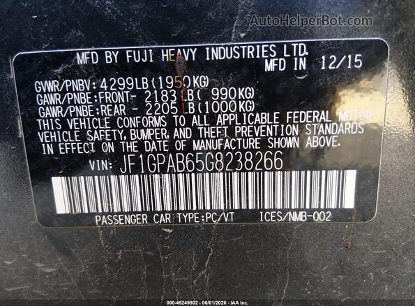 JF1GPAB65G8238266 2016 SUBARU IMPREZA Black Շարժիչի բաժամունքի տեսք