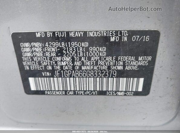 JF1GPAB66G8332379 2016 SUBARU IMPREZA Light Blue Շարժիչի բաժամունքի տեսք