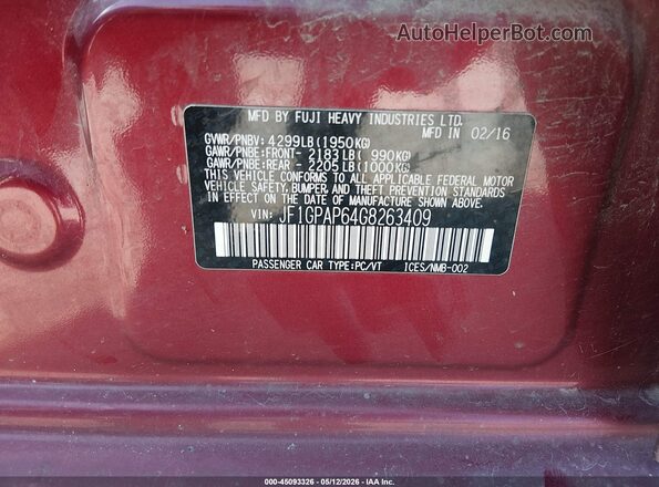 JF1GPAP64G8263409 2016 SUBARU IMPREZA Red Engine compartment view
