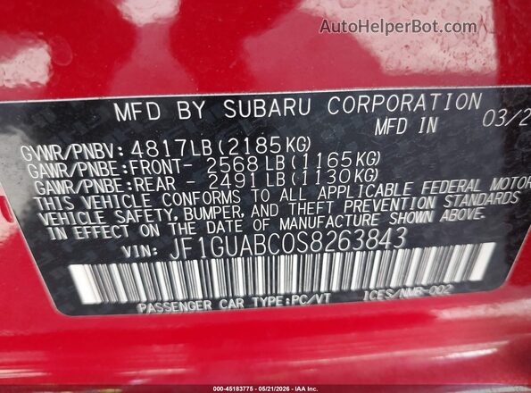 JF1GUABC0S8263843 2025 SUBARU IMPREZA Red Вид підкапотного простору
