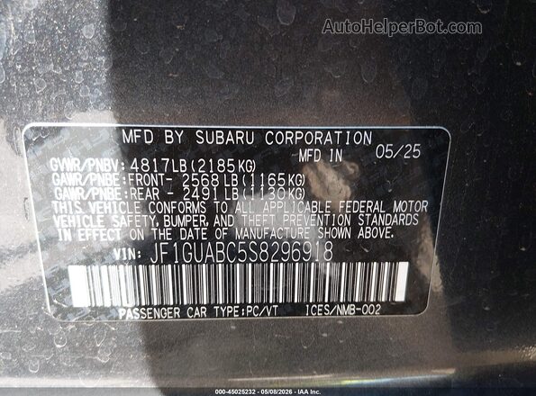JF1GUABC5S8296918 2025 SUBARU IMPREZA Серый 