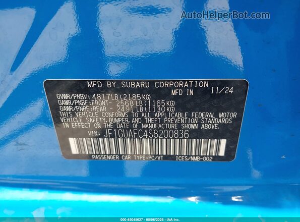JF1GUAFC4S8200836 2025 SUBARU IMPREZA Blue Շարժիչի բաժամունքի տեսք