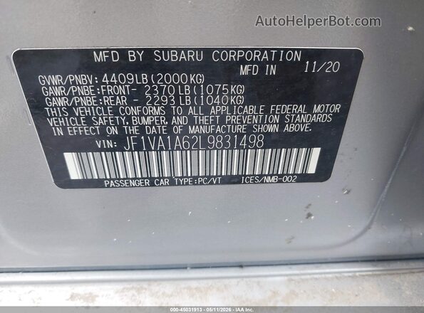 JF1VA1A62L9831498 2020 SUBARU WRX Серебряный 