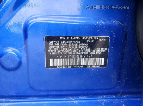 JF1VA1C64L9831497 2020 SUBARU WRX Blue 