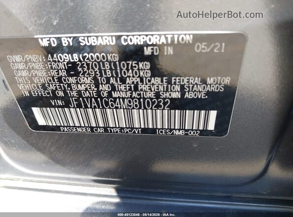 JF1VA1C64M9810232 2021 SUBARU WRX Gray Vista del compartimento del motor