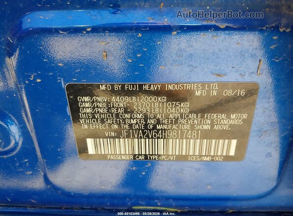 JF1VA2V64H9817481 2017 SUBARU WRX STI Blue Widok komory silnika