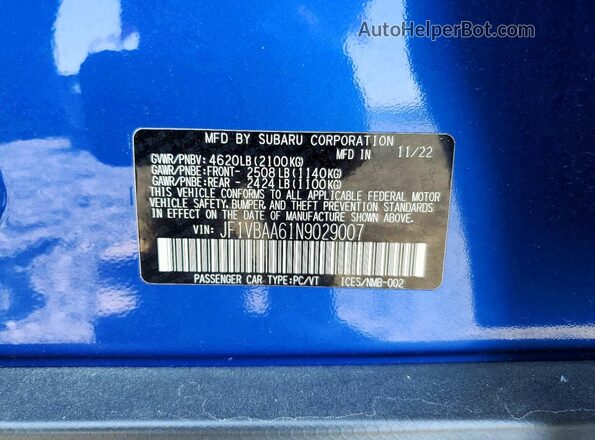 JF1VBAA61N9029007 2022 SUBARU WRX Blue Widok komory silnika