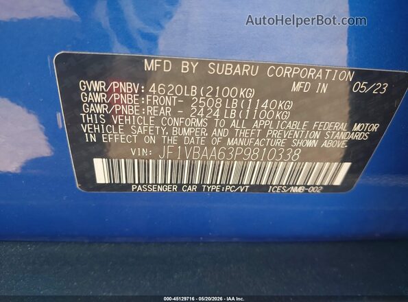 JF1VBAA63P9810338 2023 SUBARU WRX Blue Շարժիչի բաժամունքի տեսք