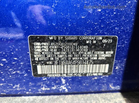 JF1VBAA64P9817475 2023 SUBARU WRX Blue VIN კოდის სტიკერის ხედი