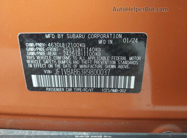 JF1VBAB63R9800037 2024 SUBARU WRX Оранжевый Вид подкапотного пространства