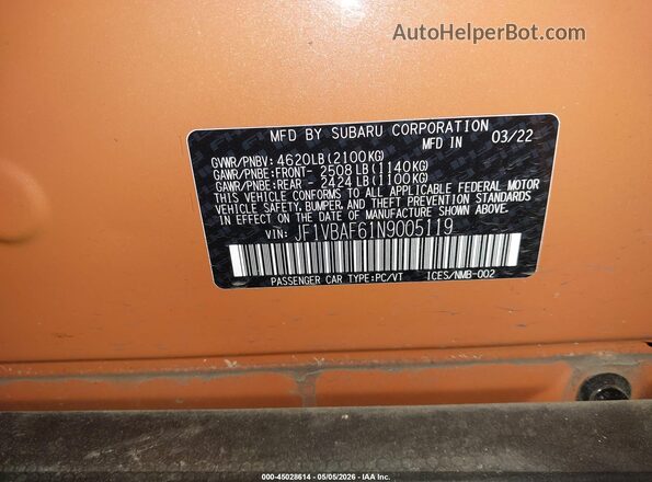 JF1VBAF61N9005119 2022 SUBARU WRX Orange Widok komory silnika