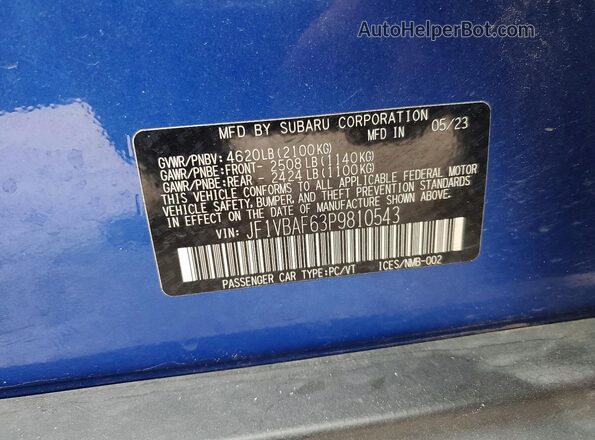 JF1VBAF63P9810543 2023 SUBARU WRX Blue Շարժիչի բաժամունքի տեսք