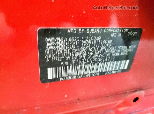 JF1VBAF63P9814723 2023 SUBARU WRX Красный Вид наклейки с VIN-кодом
