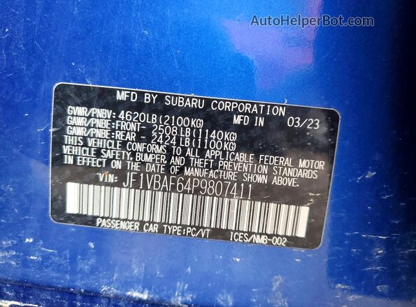 JF1VBAF64P9807411 2023 SUBARU WRX Blue VIN կոդի պիտակի տեսք