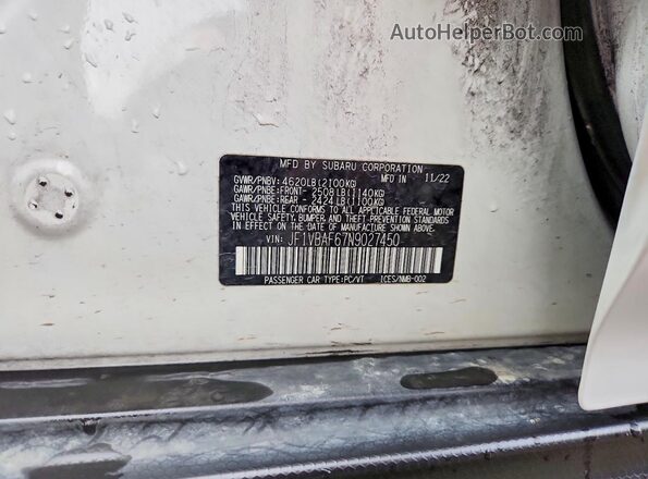 JF1VBAF67N9027450 2022 SUBARU WRX White Vista del compartimento del motor