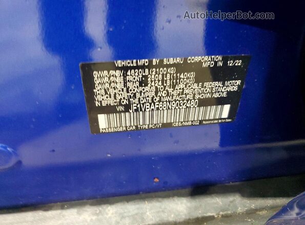 JF1VBAF68N9032480 2022 SUBARU WRX Blue 