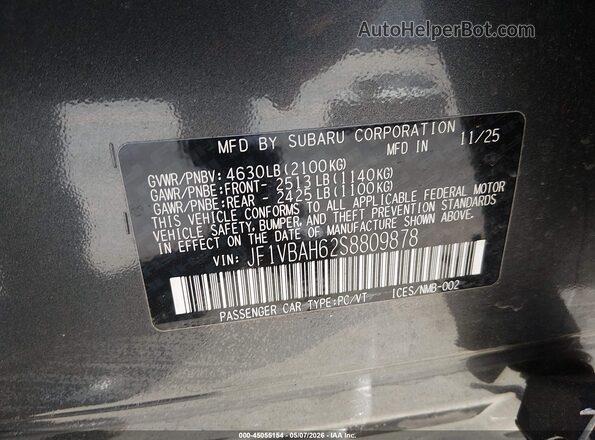JF1VBAH62S8809878 2025 SUBARU WRX Gray Vista del compartimento del motor