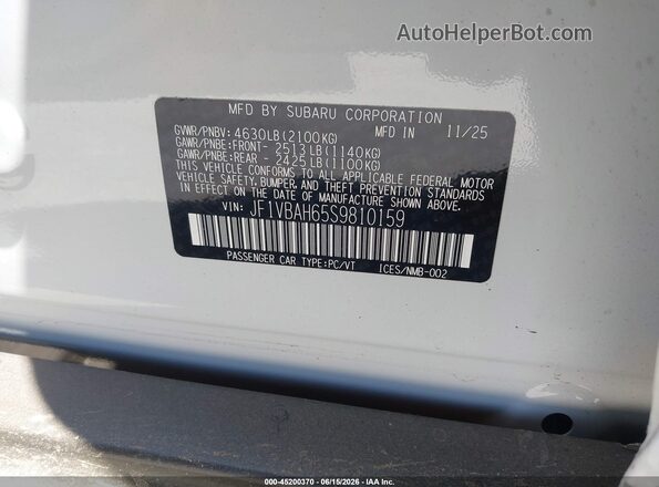 JF1VBAH65S9810159 2025 SUBARU WRX White Widok komory silnika