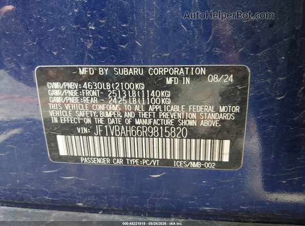 JF1VBAH66R9815820 2024 SUBARU WRX Blue Vista del compartimento del motor