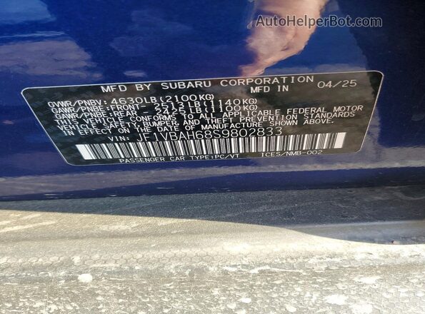JF1VBAH68S9802833 2025 SUBARU WRX Blue Вид підкапотного простору