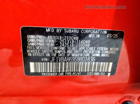 JF1VBAH69S9801836 2025 SUBARU WRX Red Вид наклейки з VIN-кодом