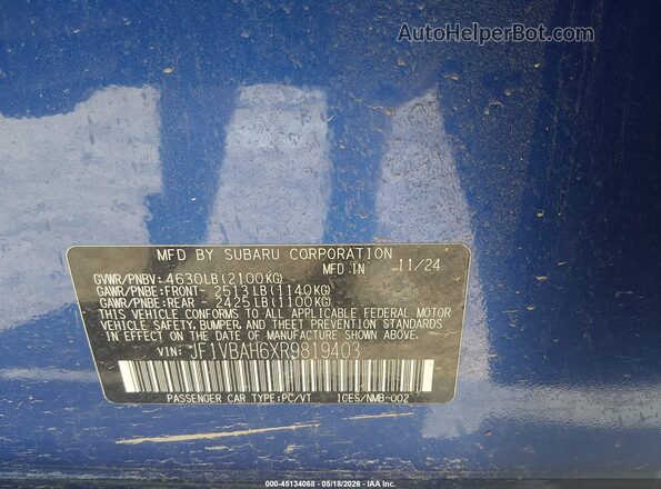JF1VBAH6XR9819403 2024 SUBARU WRX Синий Вид подкапотного пространства