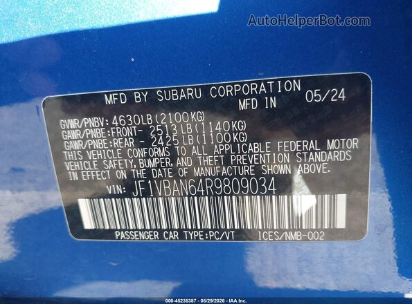JF1VBAN64R9809034 2024 SUBARU WRX Синий Вид подкапотного пространства