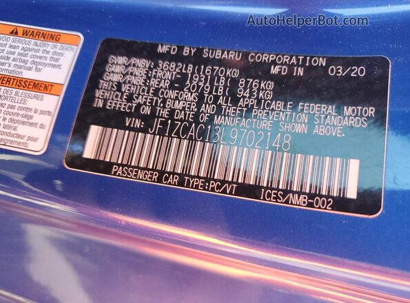 JF1ZCAC13L9702148 2020 SUBARU BRZ Blue Engine compartment view