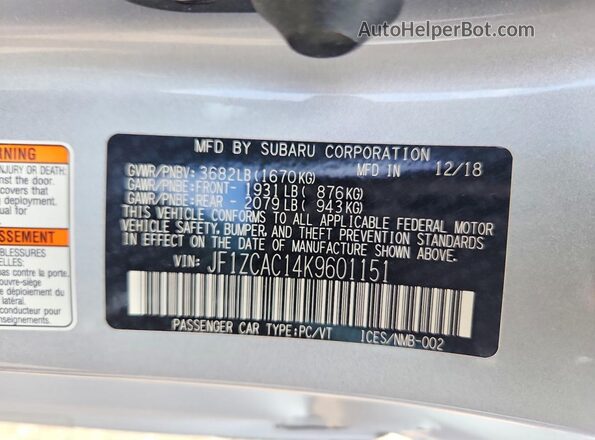 JF1ZCAC14K9601151 2019 SUBARU BRZ Silver Vista de la etiqueta del VIN