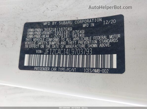 JF1ZCAC14L9703793 2020 SUBARU BRZ White Շարժիչի բաժամունքի տեսք