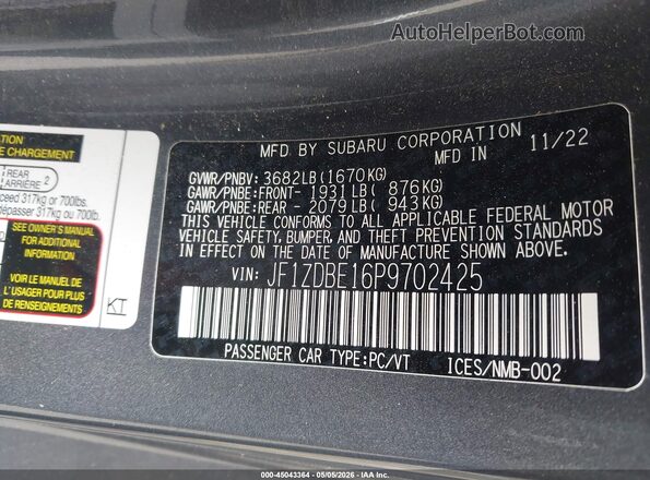 JF1ZDBE16P9702425 2023 SUBARU BRZ Gray ძრავის განყოფილების ხედი