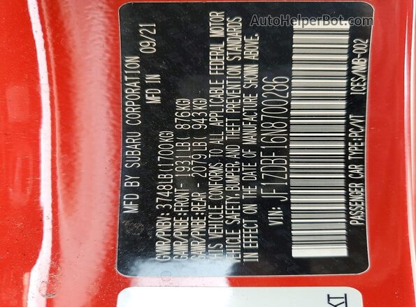 JF1ZDBF16N8700286 2022 SUBARU BRZ Red VIN sticker view