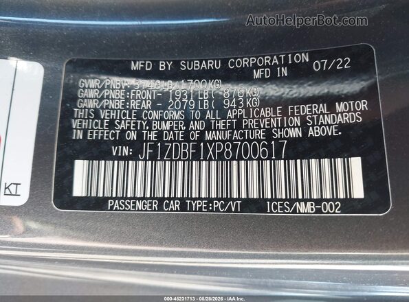 JF1ZDBF1XP8700617 2023 SUBARU BRZ Gray 