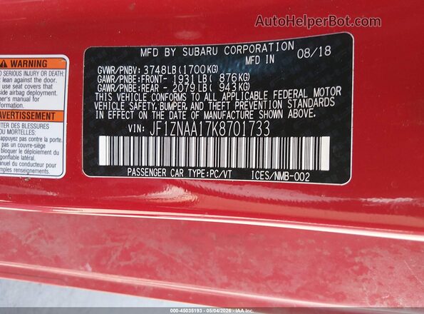 JF1ZNAA17K8701733 2019 TOYOTA 86 Red ძრავის განყოფილების ხედი